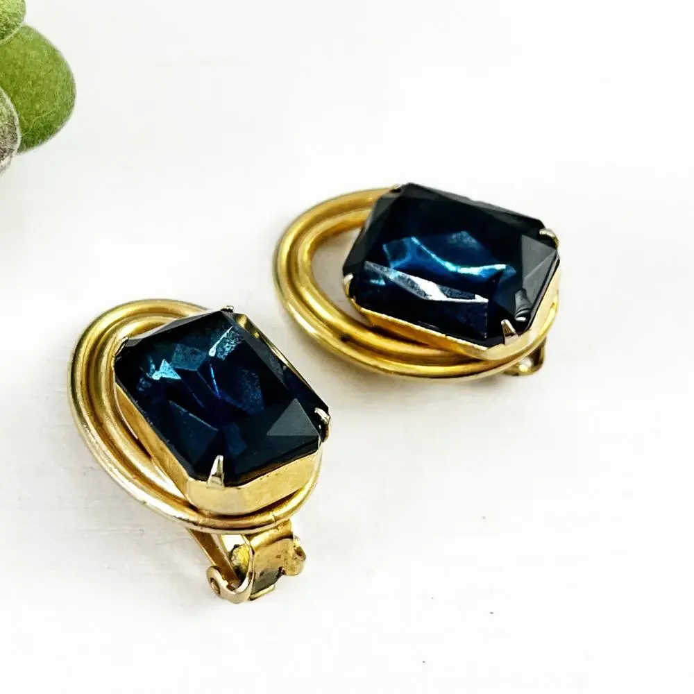 Vintage Deep Blue Glass Stone & Gold Clip Earrings